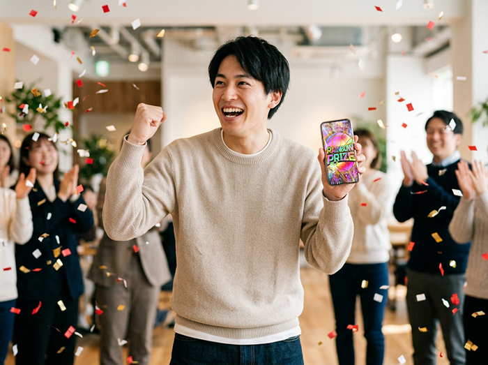 スマートくじで当選して大喜びしている若い男性