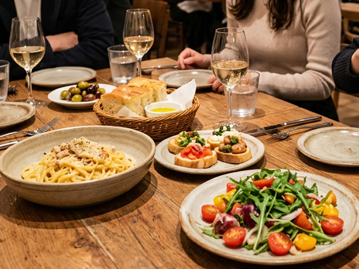 レストランのテーブルに並ぶたくさんの料理