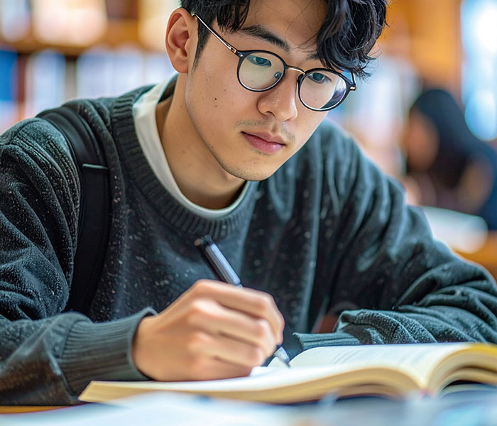 机に向かって勉強してる男性