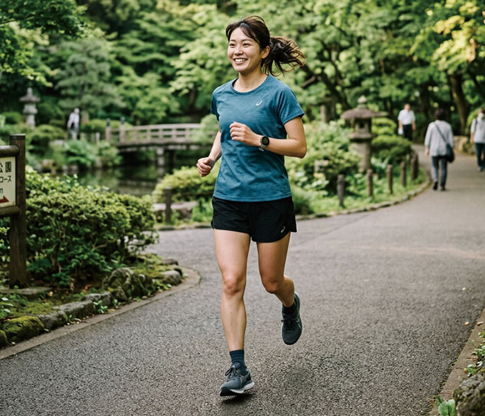 公園でランニングしている女性